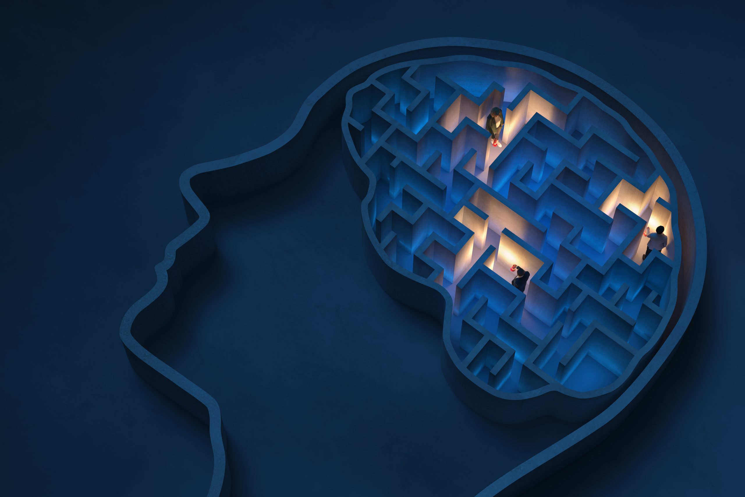 Seeking solutions in the maze-shaped human brain, 3D - Computer generated image